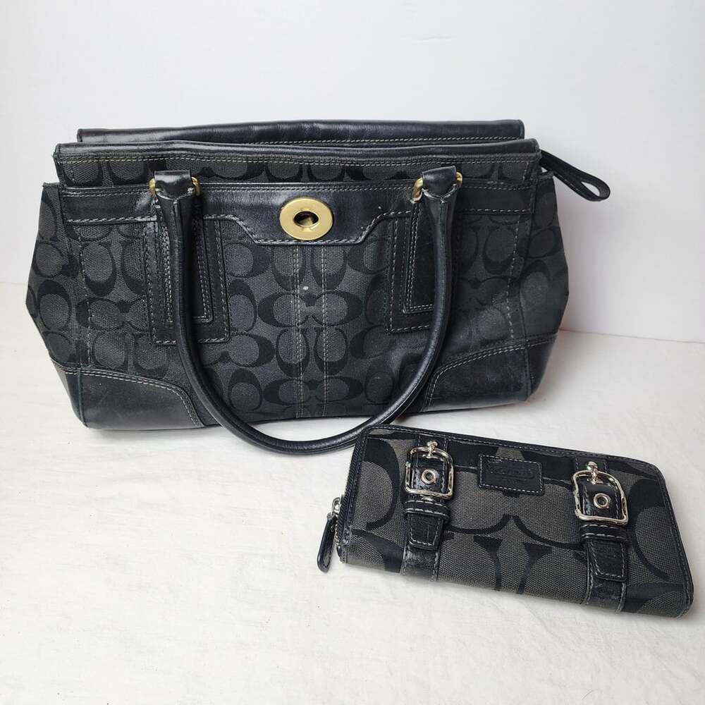 Coach Signature Hamptons Turnlock Satchel and Wallet Set Black